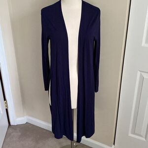MM Lafleur Blue Graham Jersey Knit Side Slit Duster‎ Cardigan Size Small